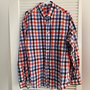 J. Crew Men’s Red, White, and Blue Casual Button Down Shirt - Size Large